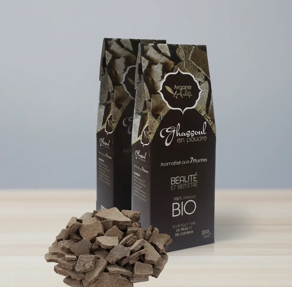 ORGANIC GHASSOUL CLAY POWDER (200GR) -  ZINEGLOB | First producer of Organic Moroccan Argan oil