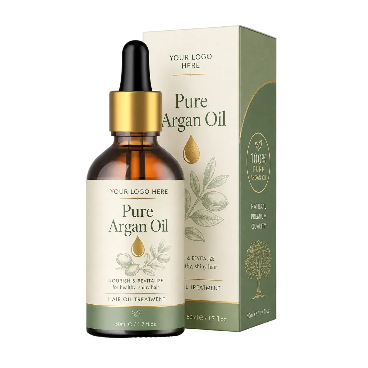 An amber glass dropper bottle of Pure Argan Oil hair oil treatment with a cream and green label and gold collar, shown next to its matching green and cream packaging box on a white background.