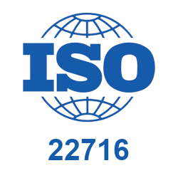 ISO 22716 certification logo representing Good Manufacturing Practices (GMP) compliance at the Zineglob cosmetics factory.