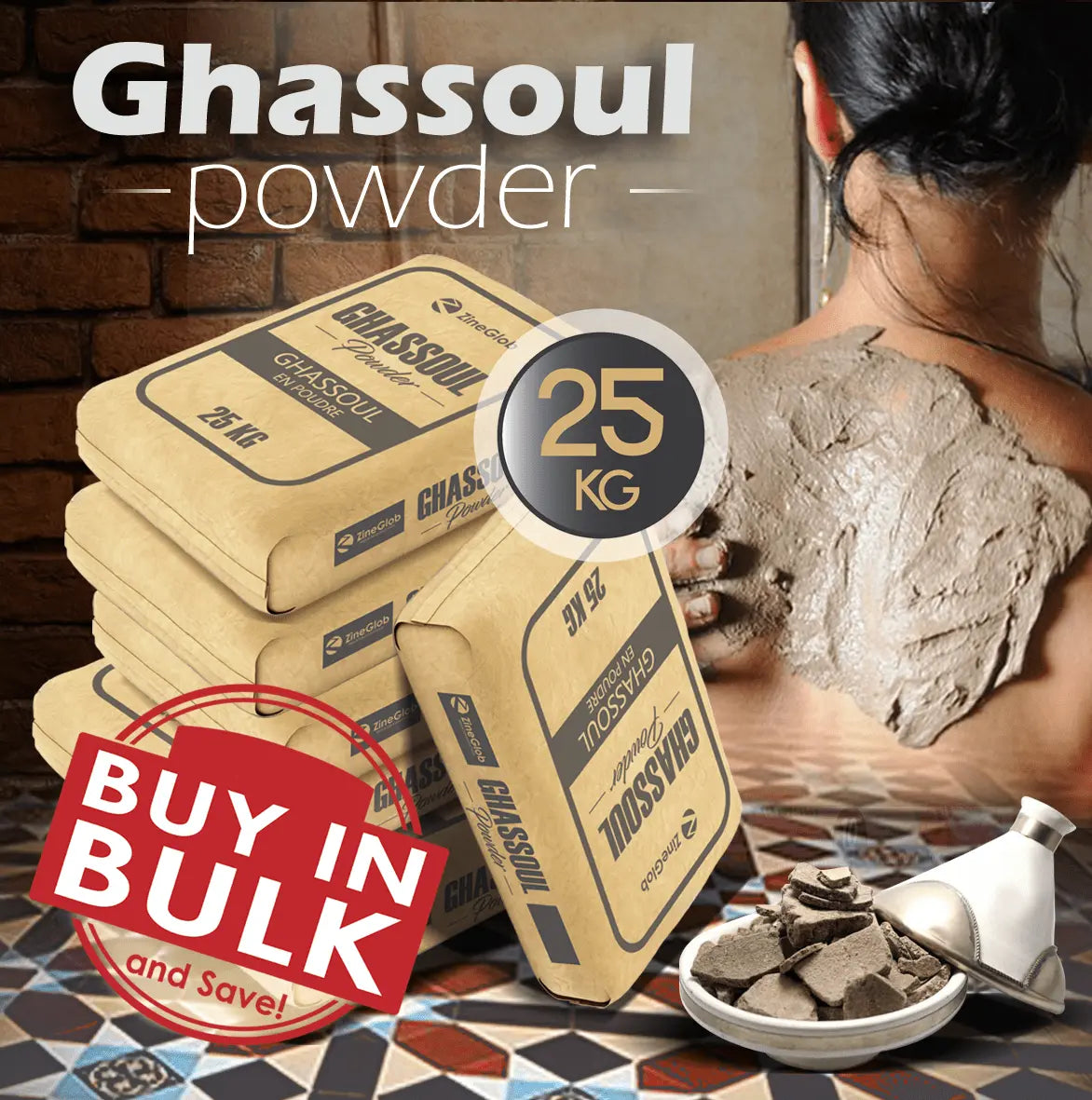 ZINEGLOB | First producer of Organic Moroccan Argan oil IN BULK NATURAL GHASSOUL CLAY POWDER