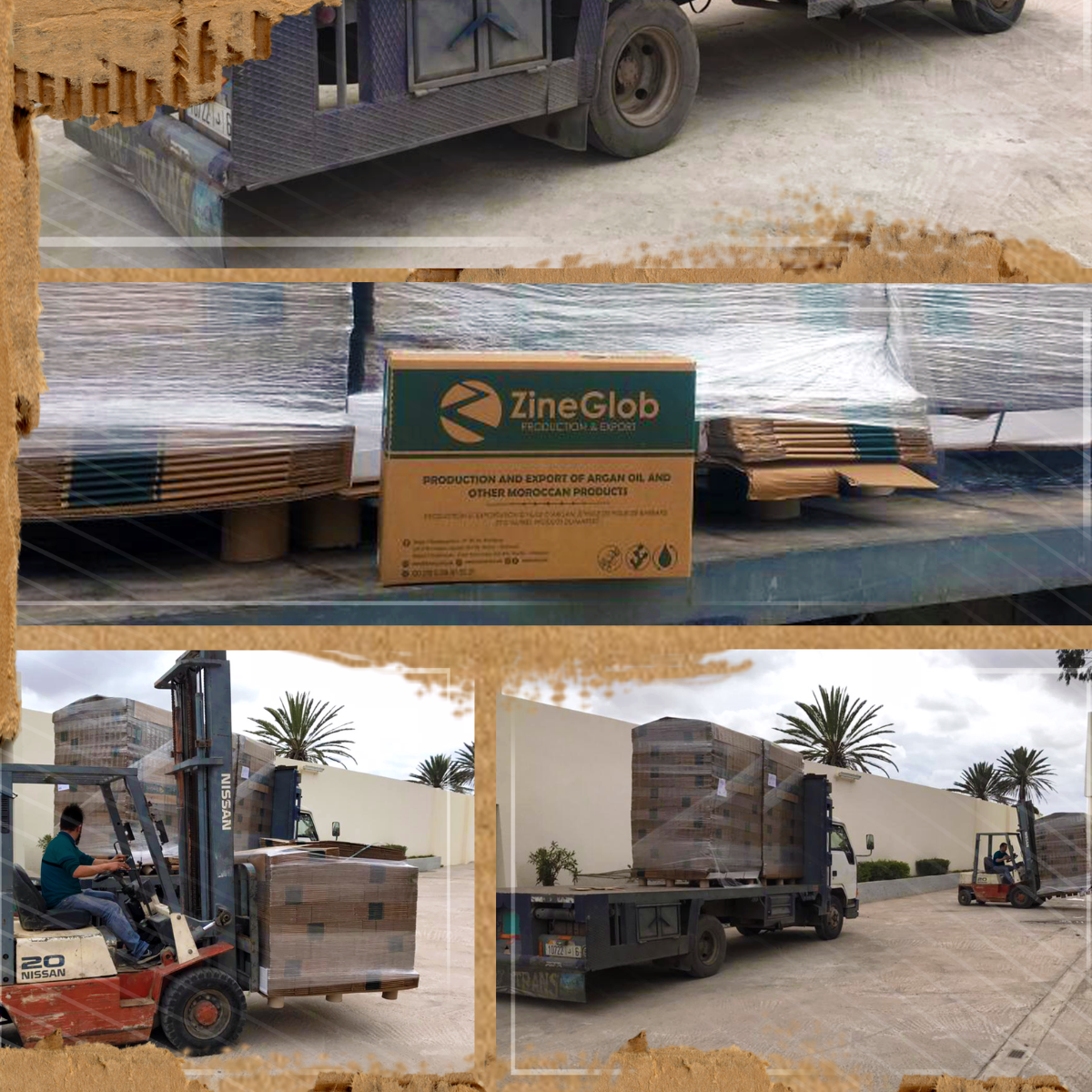 A collage showing the shipping and export process of ZineGlob products, featuring a branded cardboard box, pallets wrapped in stretch film, and forklifts loading goods onto a transport truck.