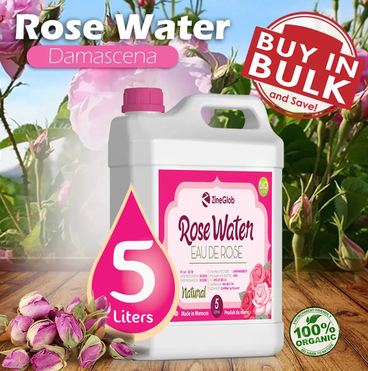 Rose Products IN BULK ORGANIC DAMASK ROSE WATER (5 LITERS)